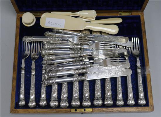 A quantity of plated fish knives and forks and ivory dressing table items, etc.